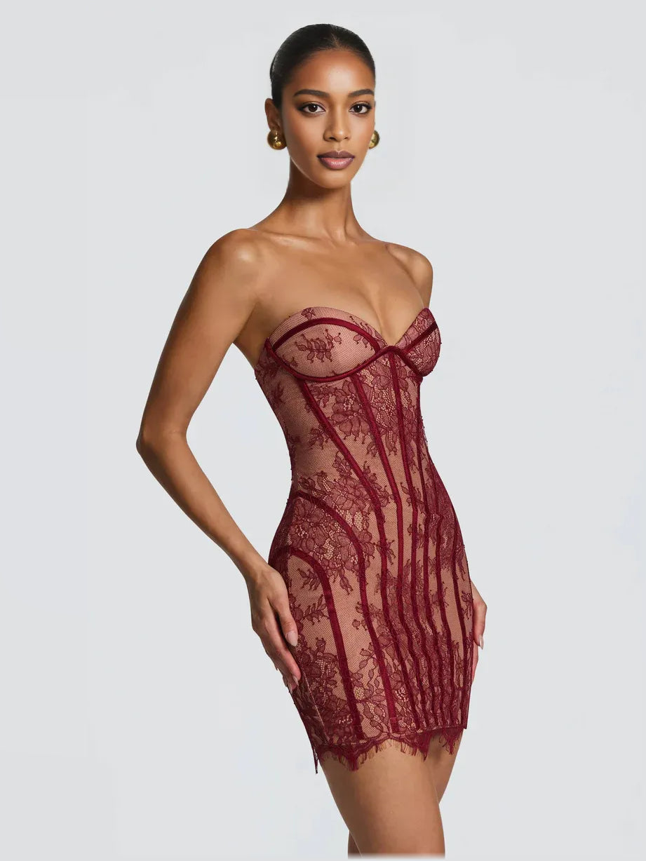 Burgundy lace sweetheart corset mini dress with floral print and scalloped hem