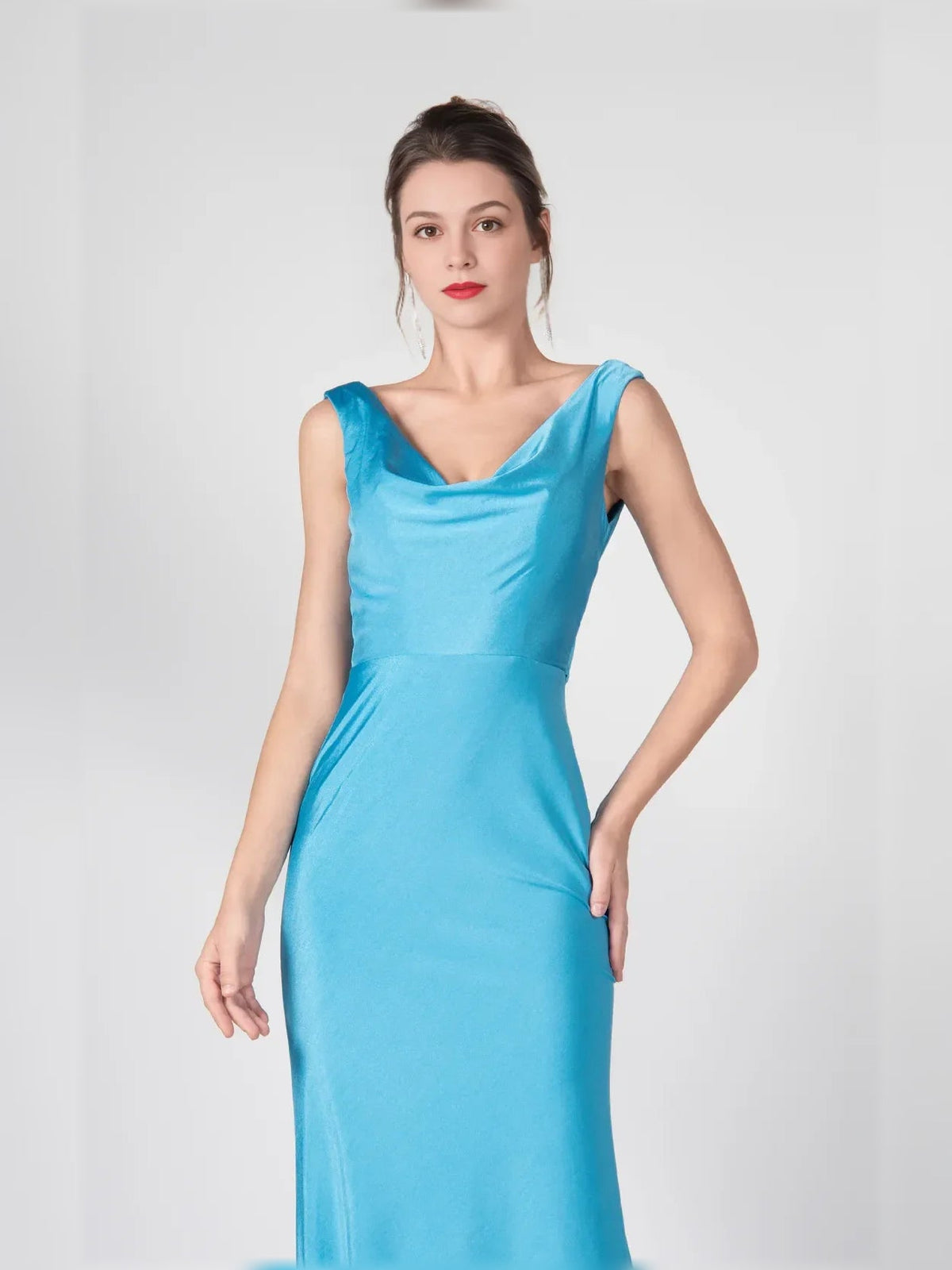 Caribbean blue V-neck mermaid formal dress, sleeveless, fitted waist to floor length
