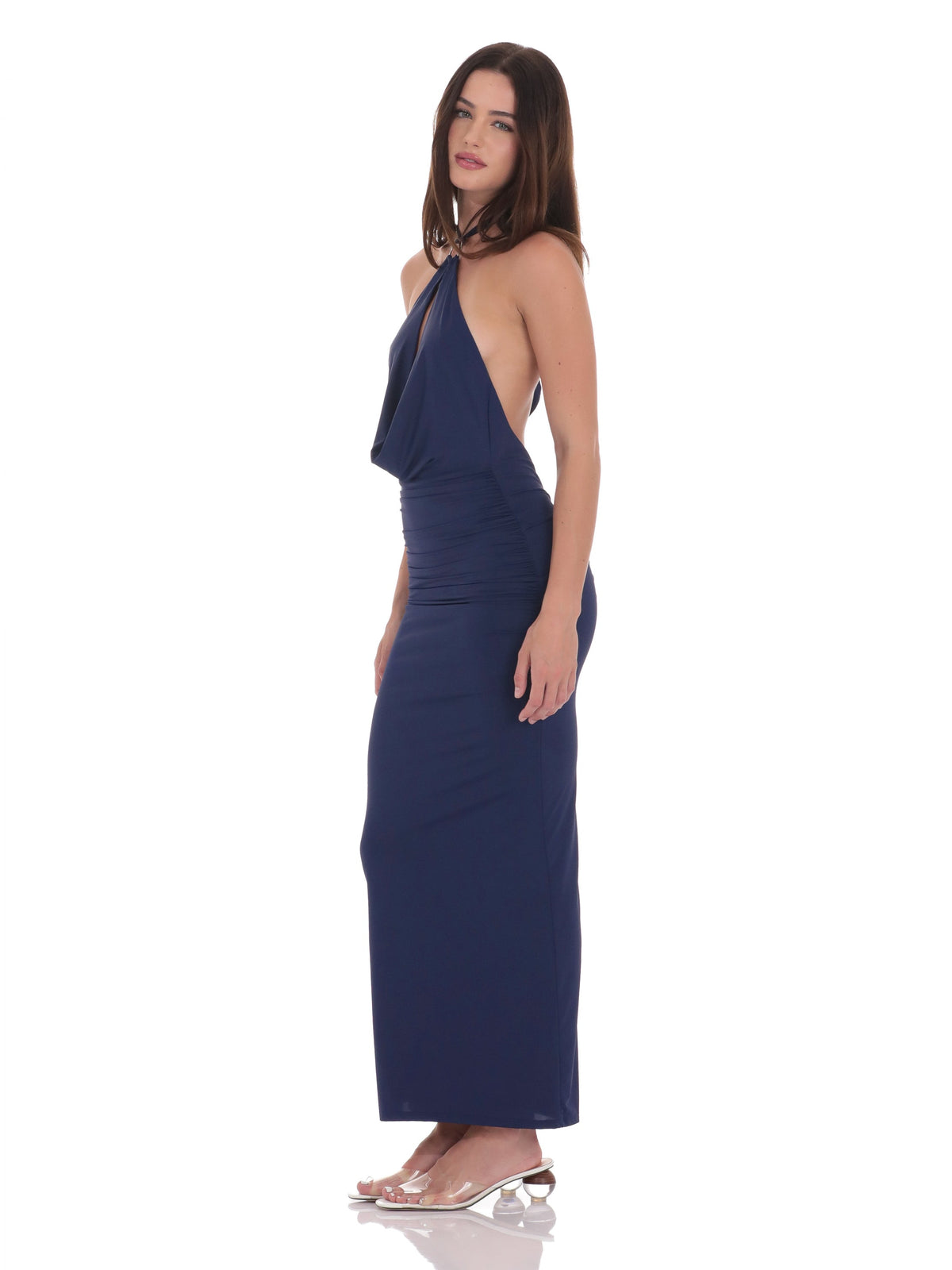 Navy bridesmaid dress with structured woven fabric construction and maxi hem