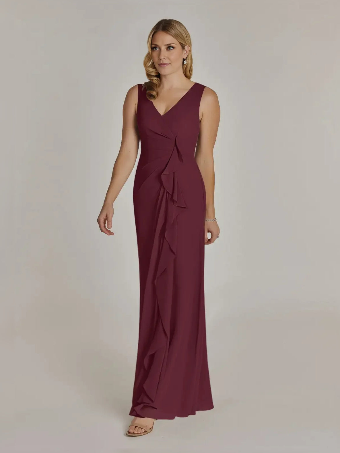 Cabernet sleeveless V-neck sheath maxi dress with layered skirt and draped front detail