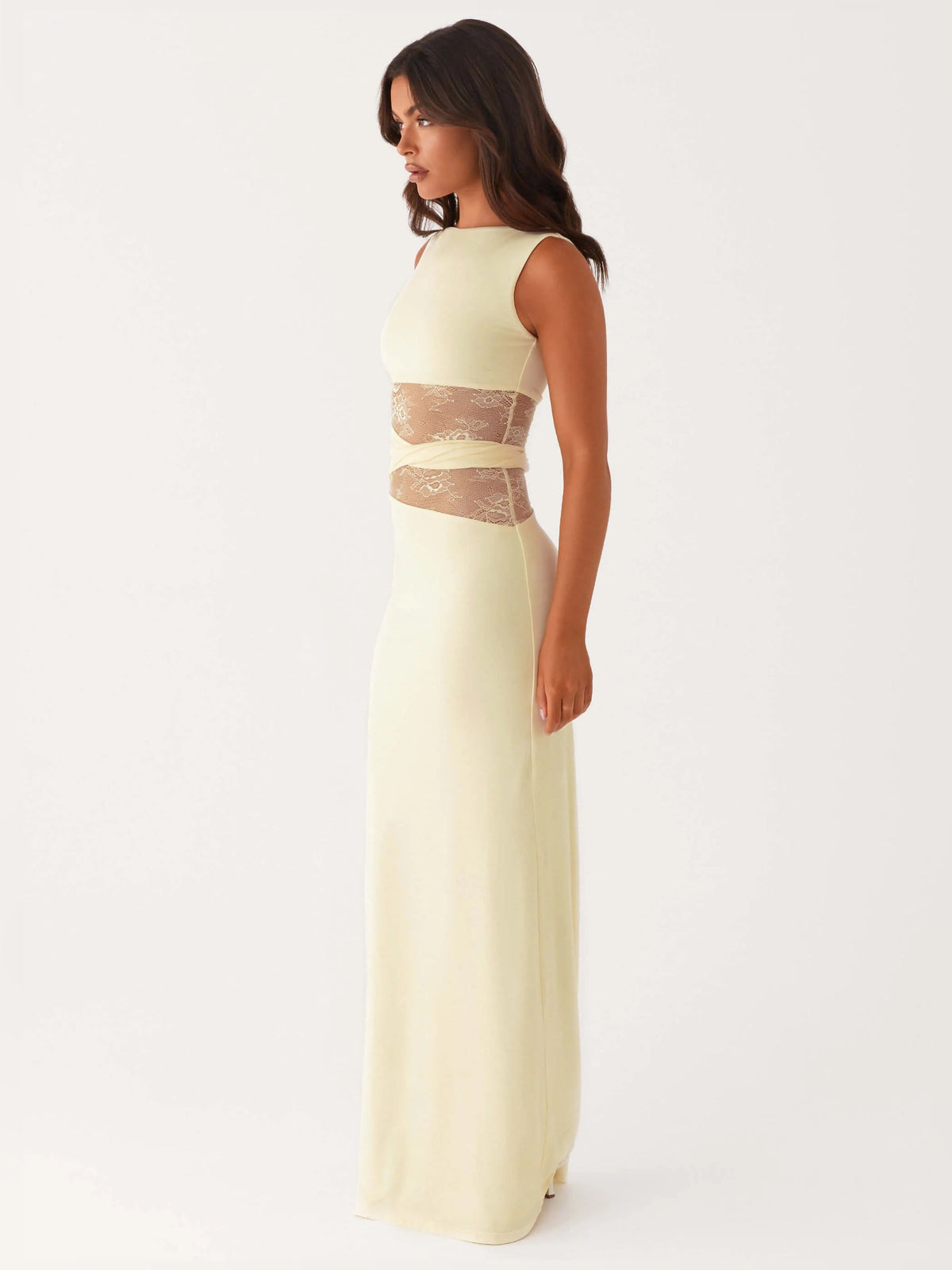 Yellow sheath maxi formal dress with cutout detail, alternate full-length view
