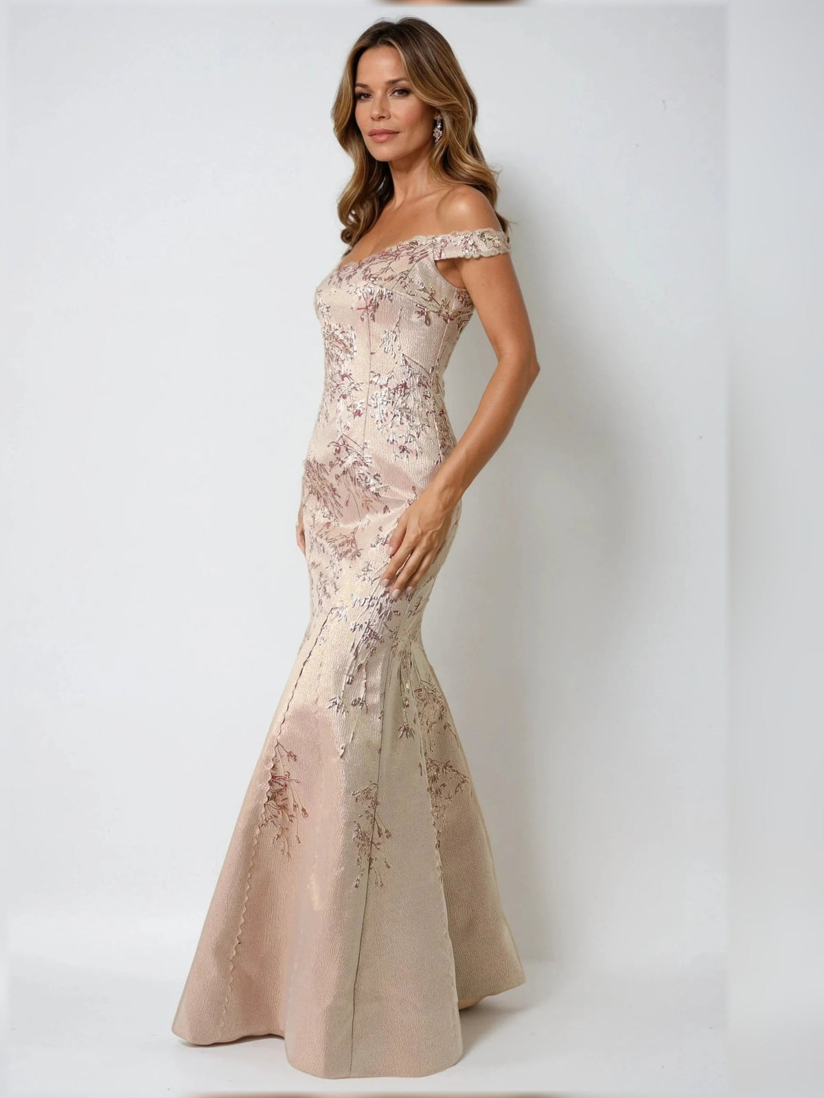 Champagne floral sweetheart A-line floor-length dress with off-shoulder neckline