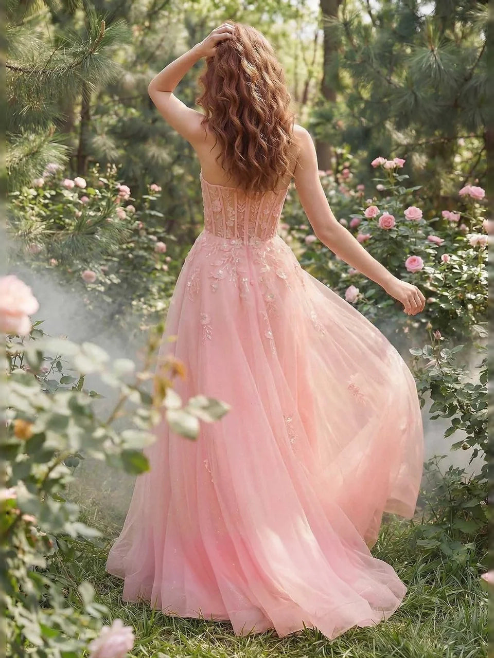 Light pink sequin corset A-line tulle prom dress with sweetheart front, open back