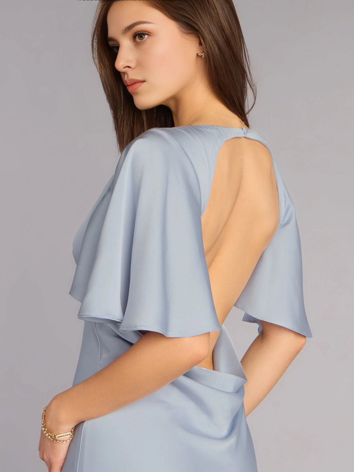 Mist blue satin mermaid prom dress with open back and flutter sleeves