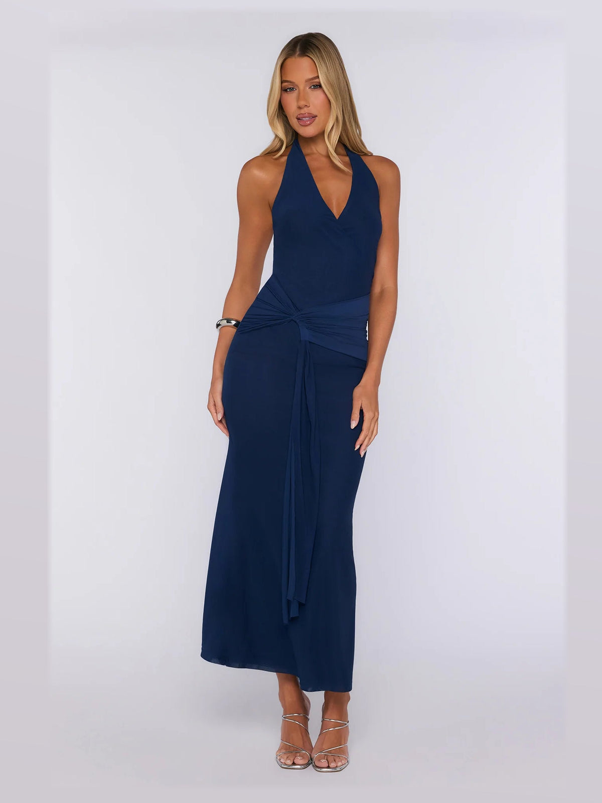 Navy formal dress with mesh construction and maxi hem