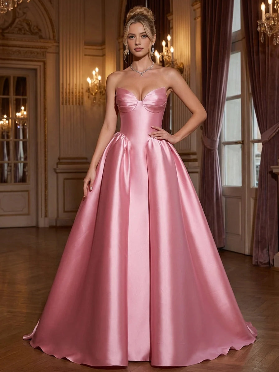 Light pink satin corset prom dress with sweetheart bodice, fitted waist, flared skirt