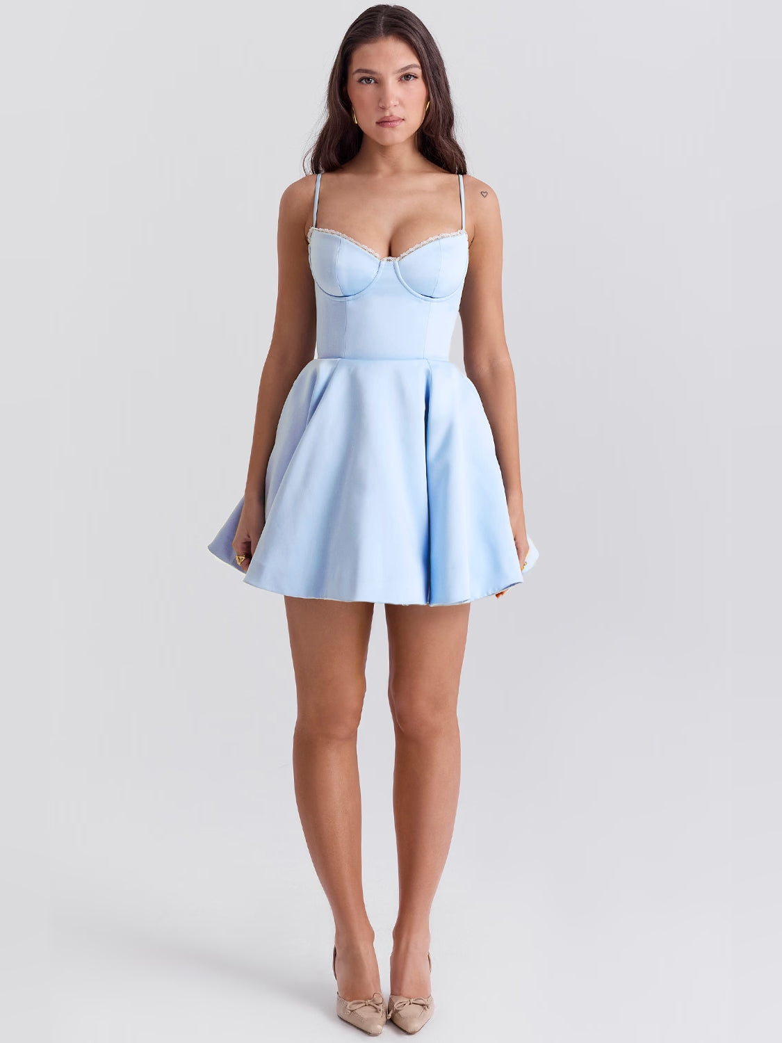 Light blue mini homecoming dress with corset bodice and pleated flared skirt