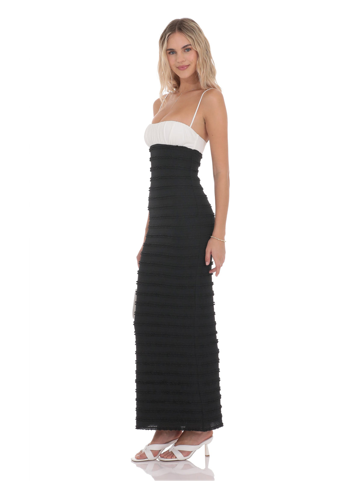 Black And White bridesmaid dress with structured woven fabric construction and maxi hem