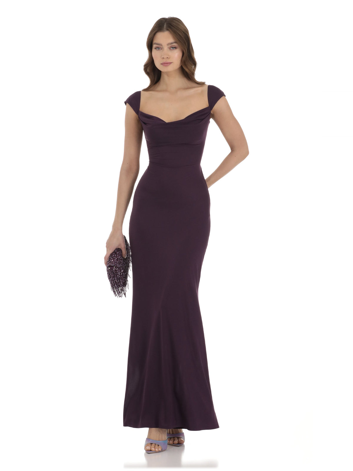 Purple bridesmaid dress with satin construction and maxi hem