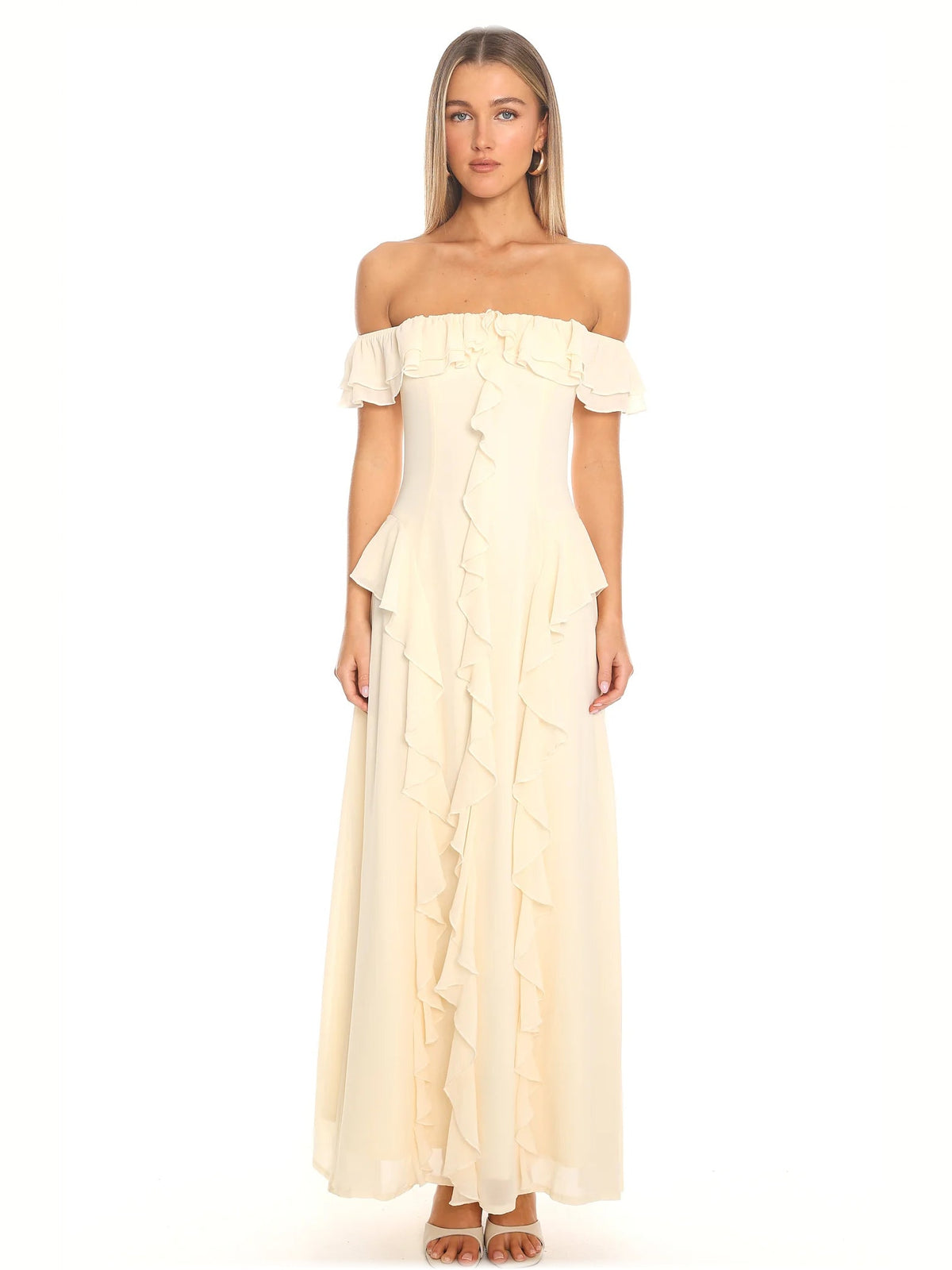 Butter formal dress with structured woven fabric construction and maxi hem