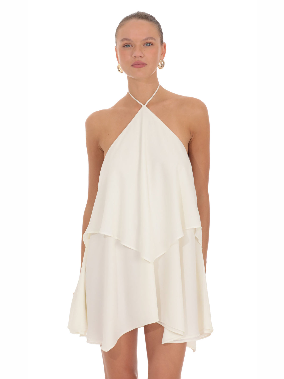 Ivory homecoming dress with structured woven fabric construction and mini hem