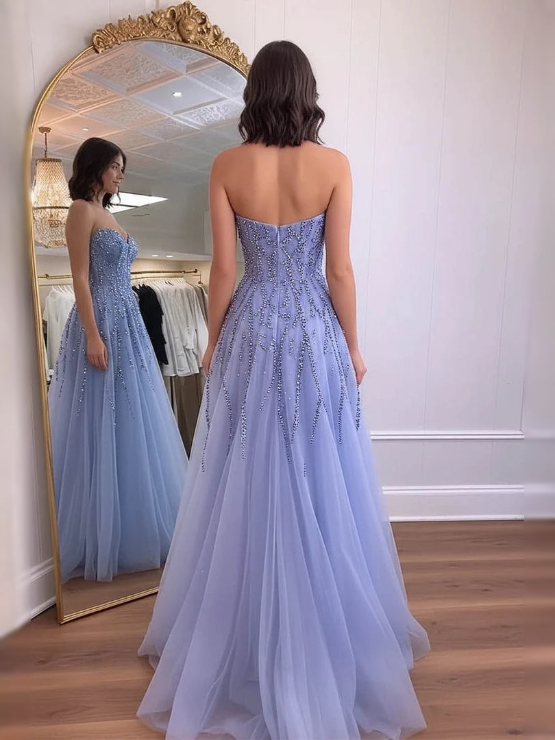 Lilac beaded corset sweetheart A-line maxi tulle prom dress, back view
