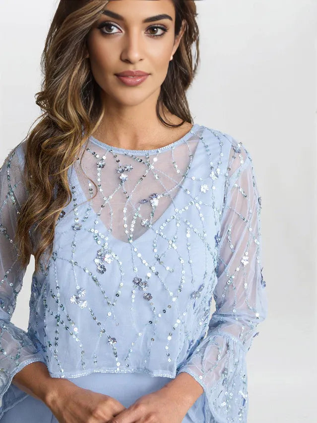 Light blue beaded embroidered sheer top overlay with round neck detail