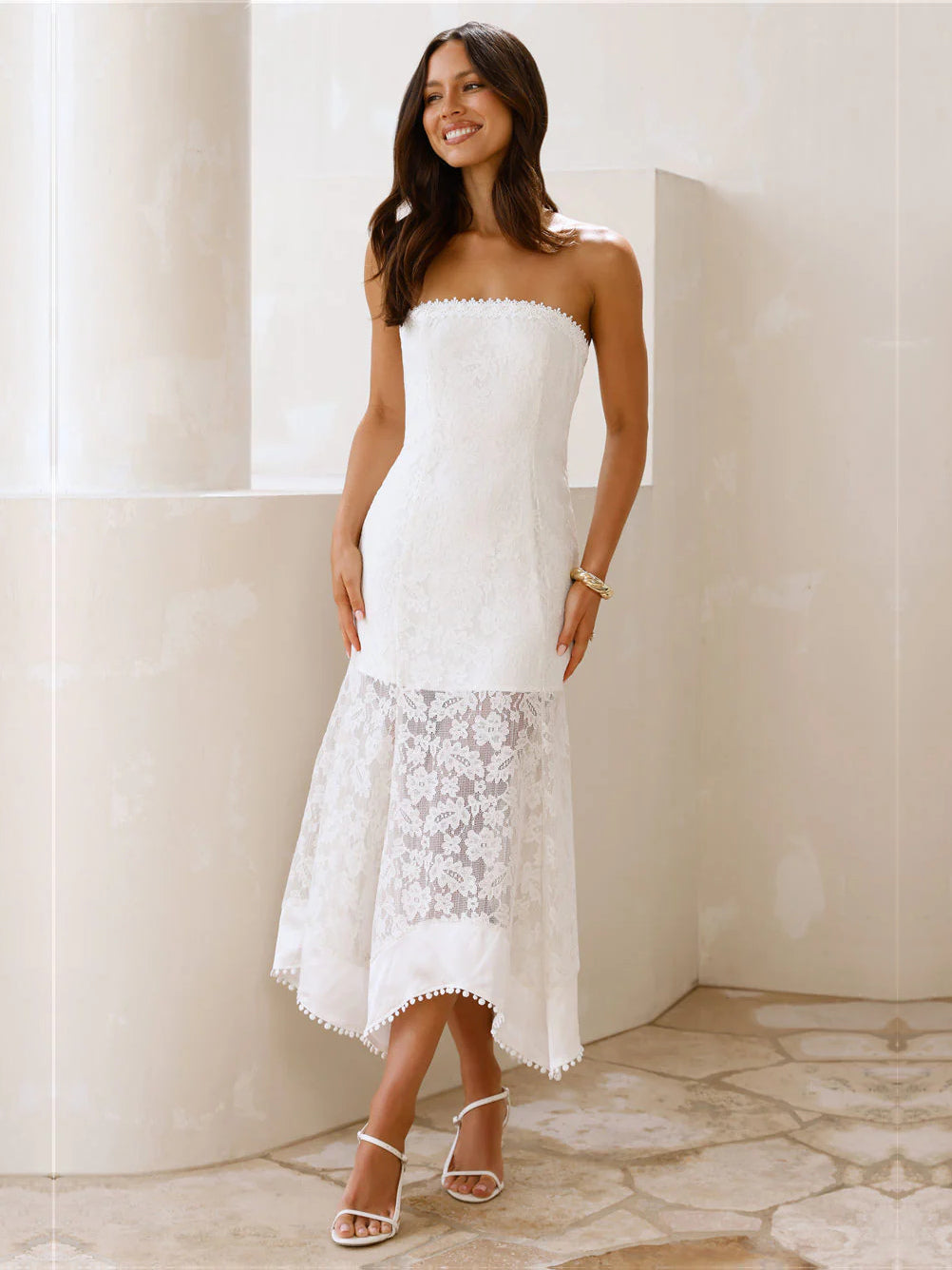 White sheath maxi formal dress with strapless neckline, alternate view