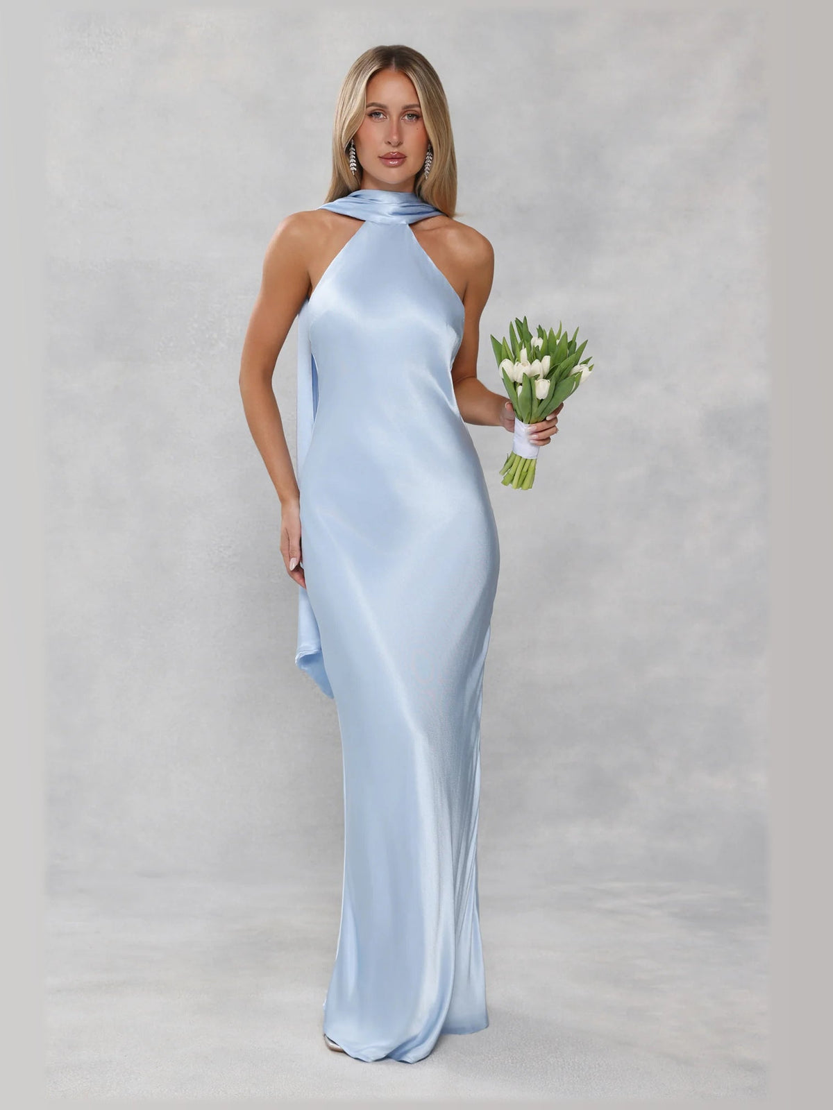 Light Blue formal dress with satin construction and maxi hem