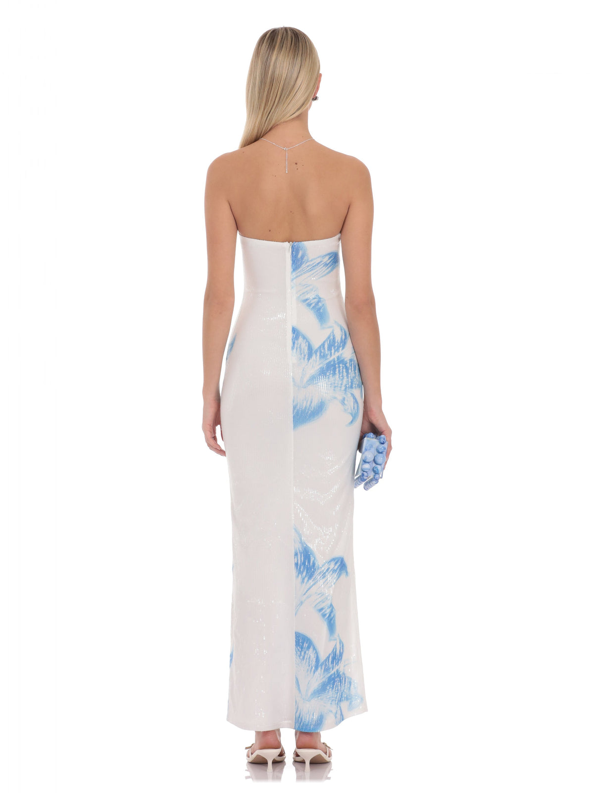 Blue bridesmaid dress with mesh construction and maxi hem