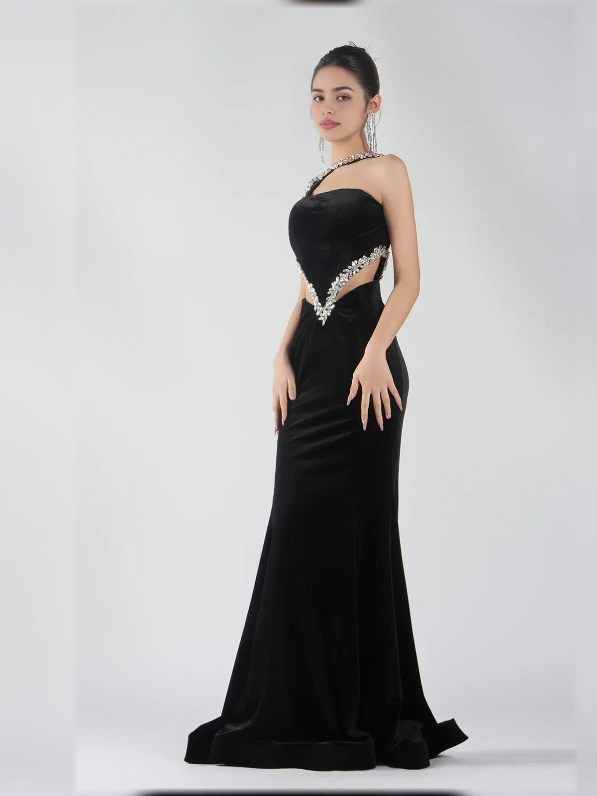 Black halter neck formal dress with V cutout and silver beaded chevron trim