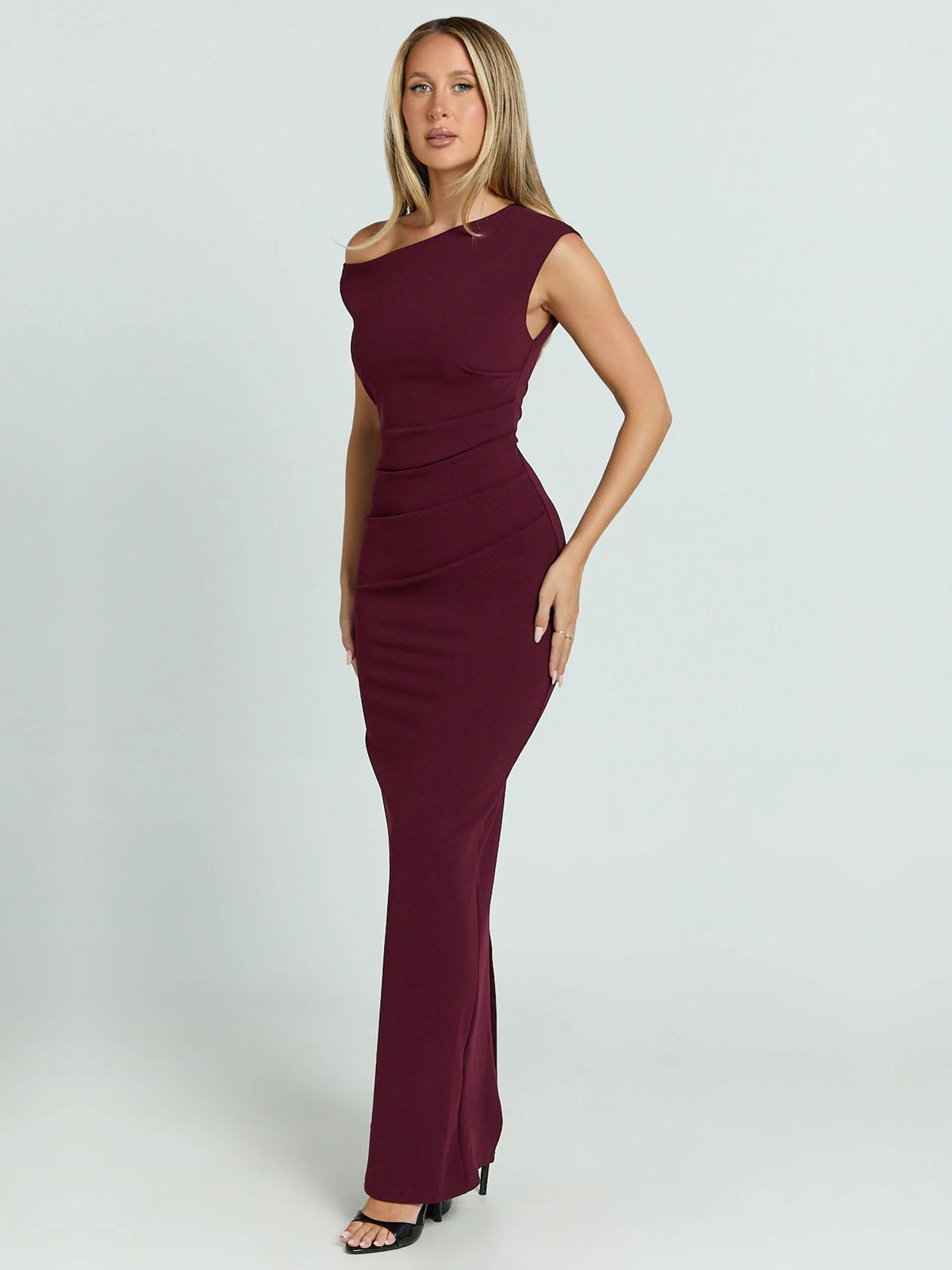 Wine sheath maxi formal dress with off-the-shoulder neckline, alternate view