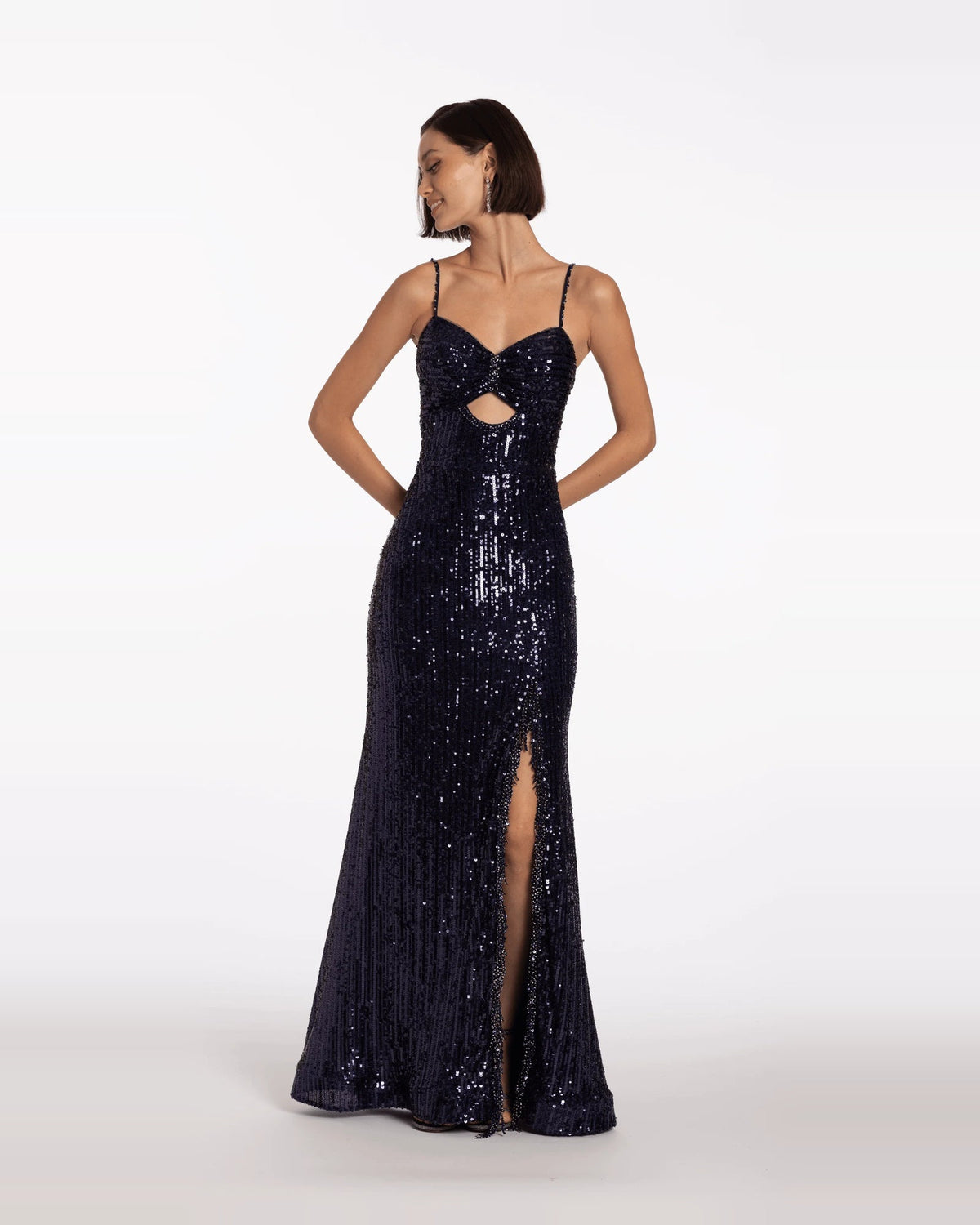 Navy sequin sweetheart trumpet maxi prom dress with keyhole cutout and leg slit