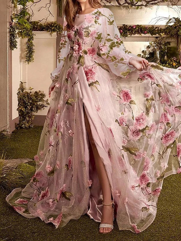 Pink floral prom dress with long illusion sleeves, high slit, flowing A-line floor length skirt