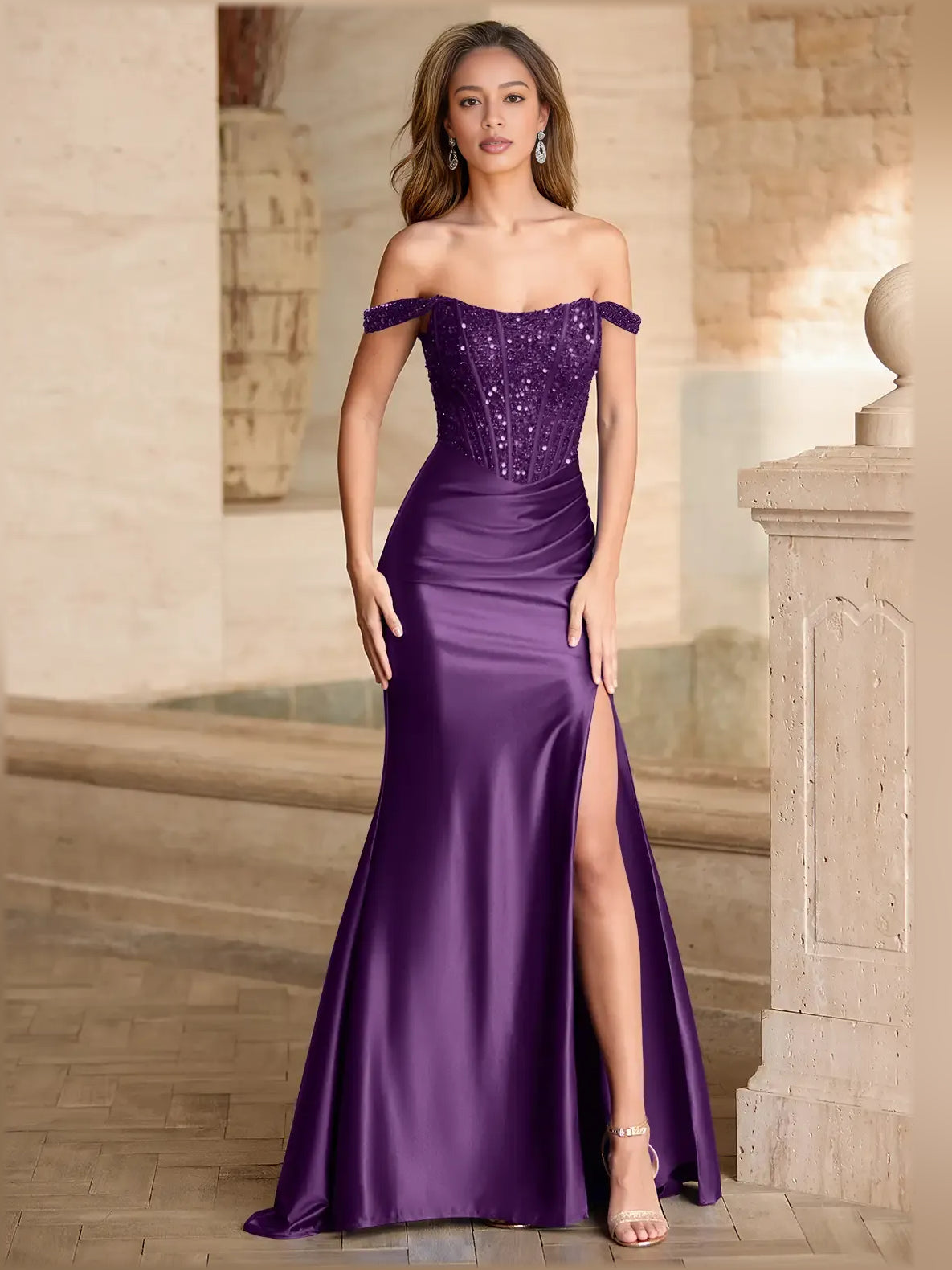 Off-shoulder mermaid formal dress in grape purple with sequins and front slit