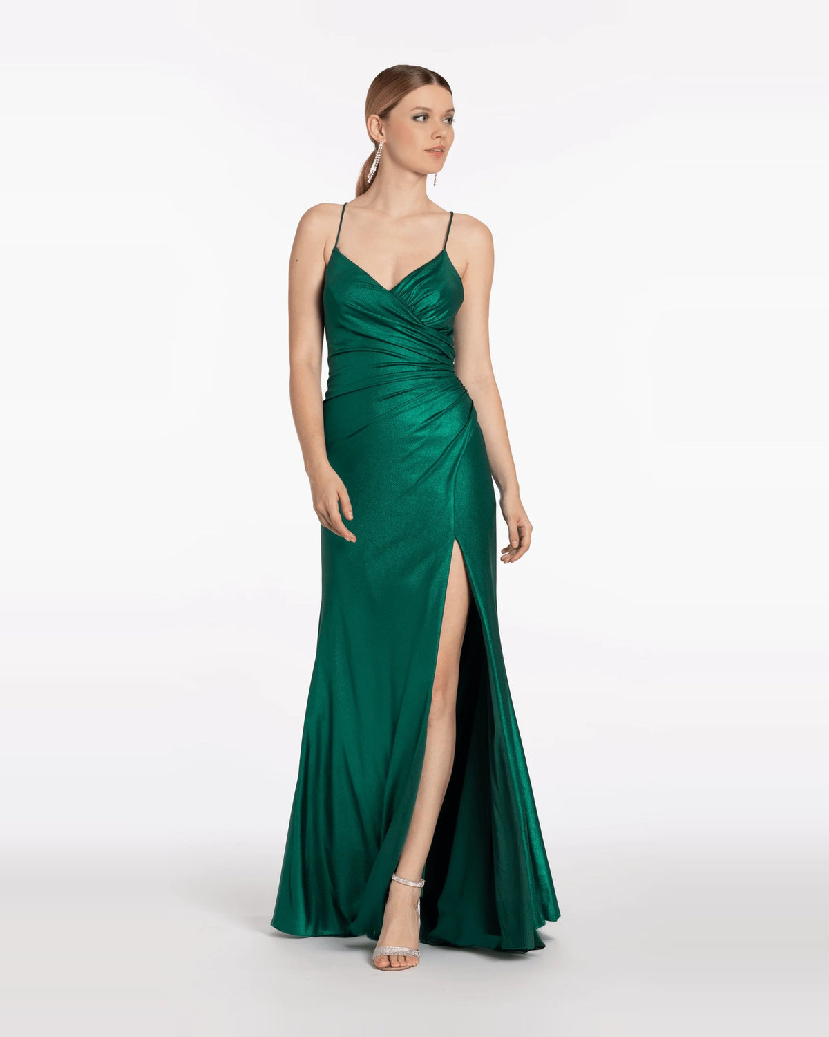 Emerald ruched sweetheart column maxi dress with spaghetti straps and front slit