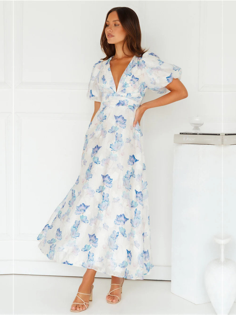 Blue a-line maxi formal dress with floral print, alternate view