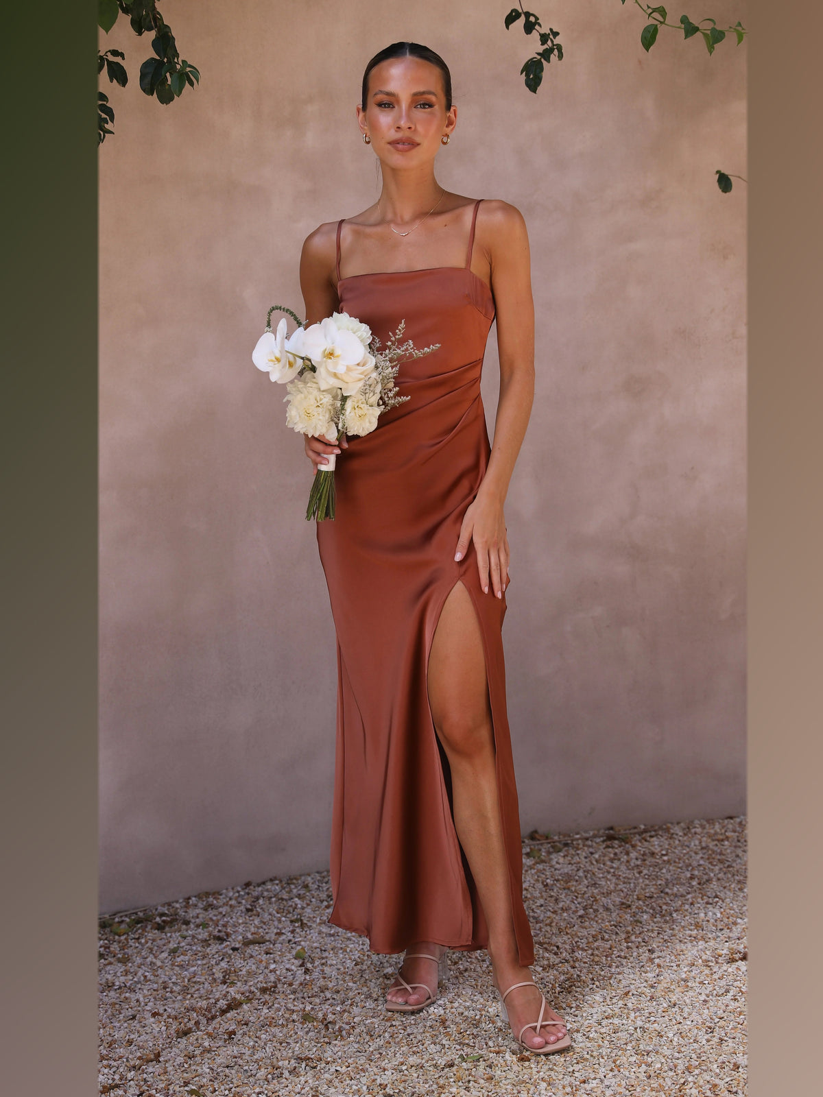 Copper maxi formal dress, alternate full-length view showing the waistline