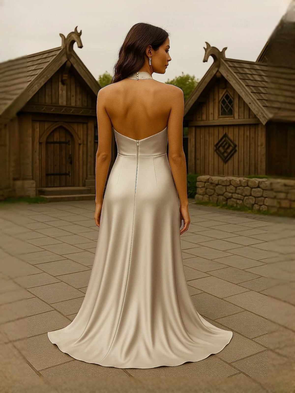 Cream satin mermaid prom dress with open back and long flowing skirt