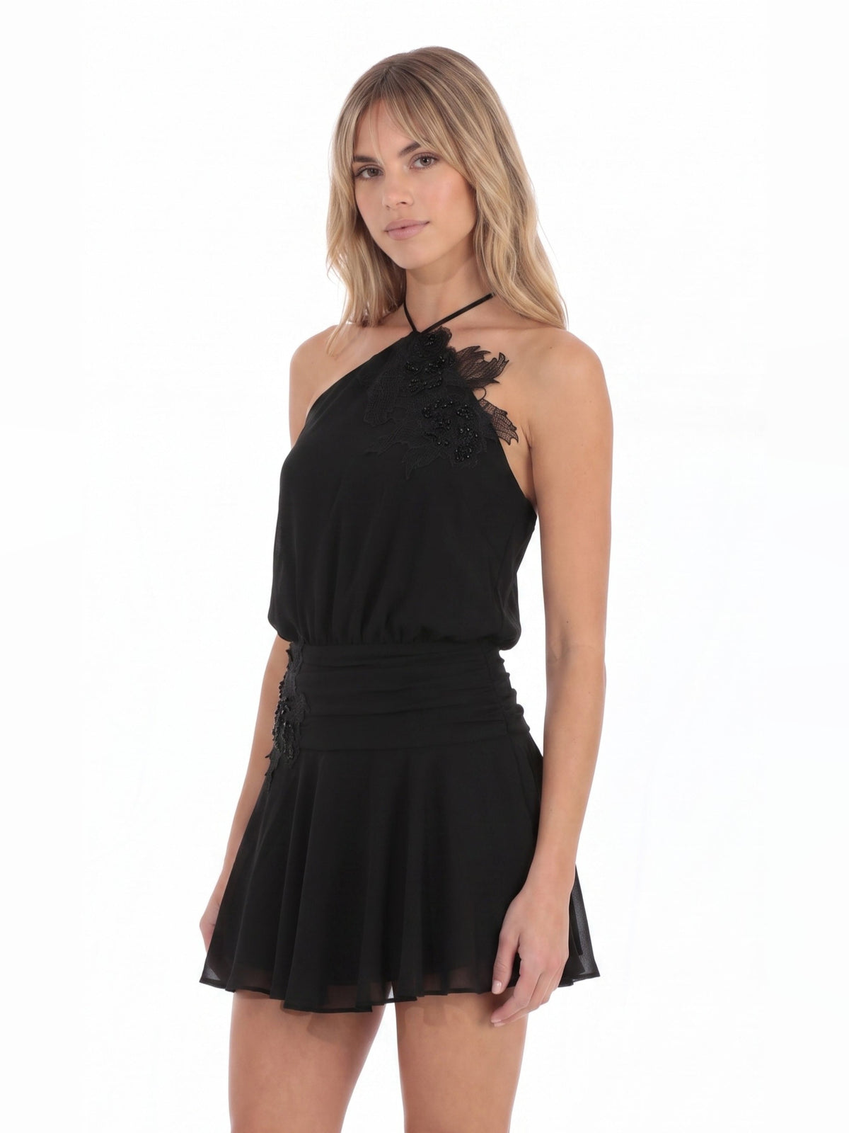 Black homecoming dress with structured woven fabric construction and mini hem