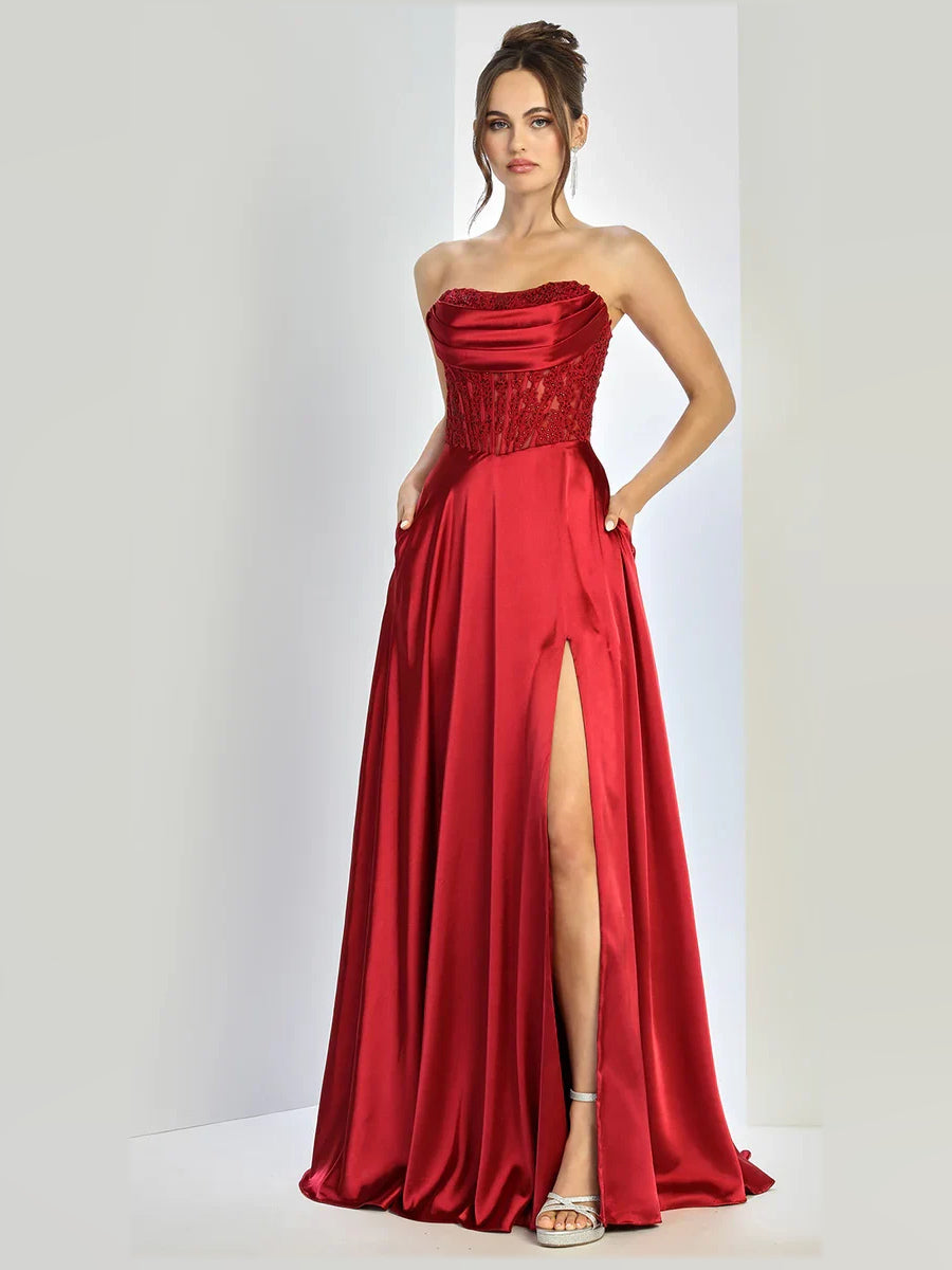 Burgundy strapless satin corset prom dress with beaded bodice and front leg slit
