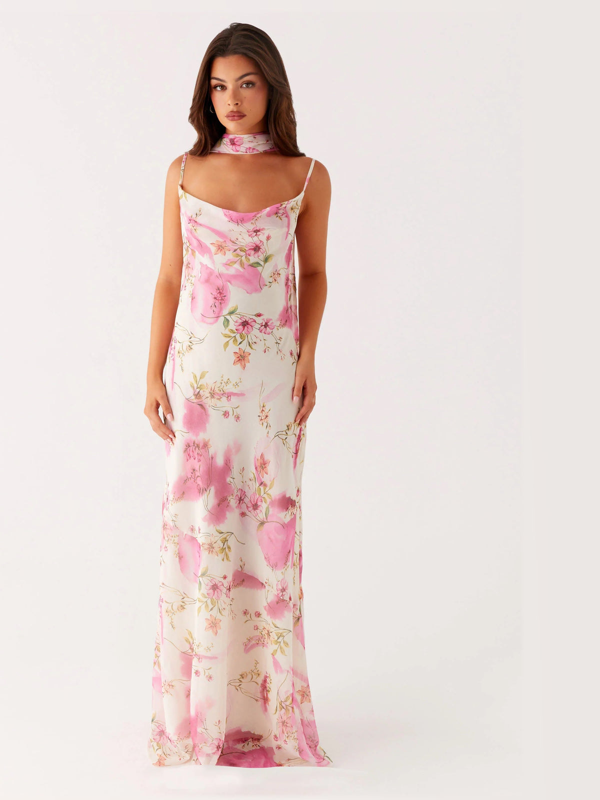 Ivory Floral maxi formal dress, alternate full-length view showing the waistline