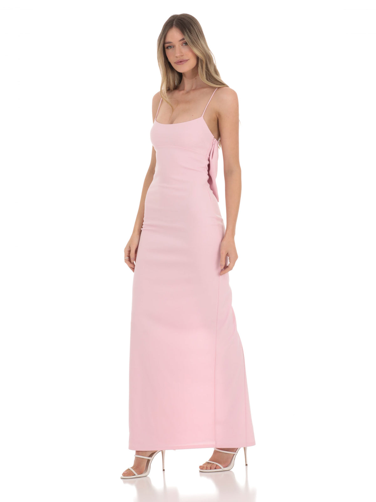 Pink bridesmaid dress with structured woven fabric construction and maxi hem