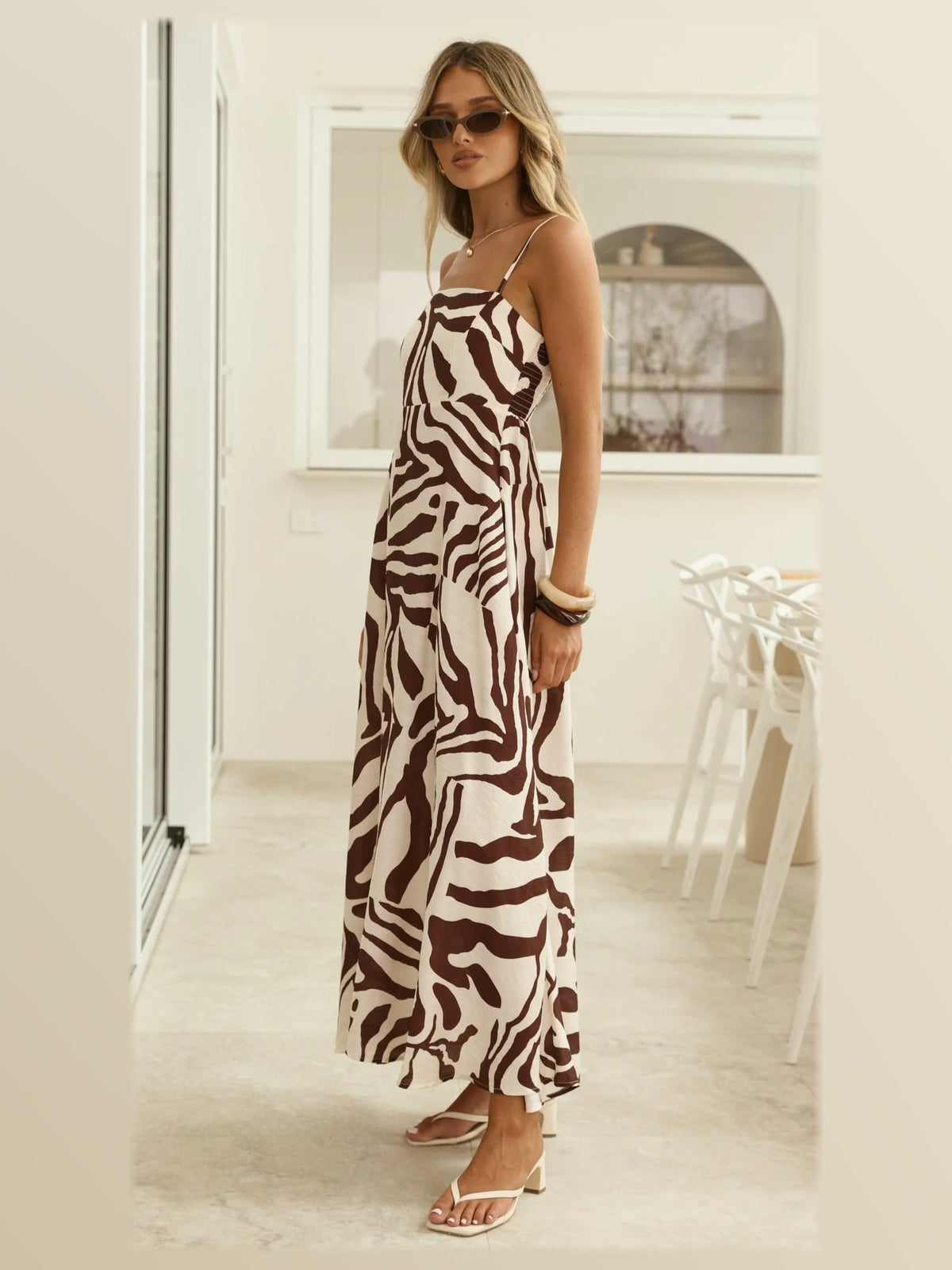 Mocha Abstract Print midi formal dress, alternate full-length view showing the waistline