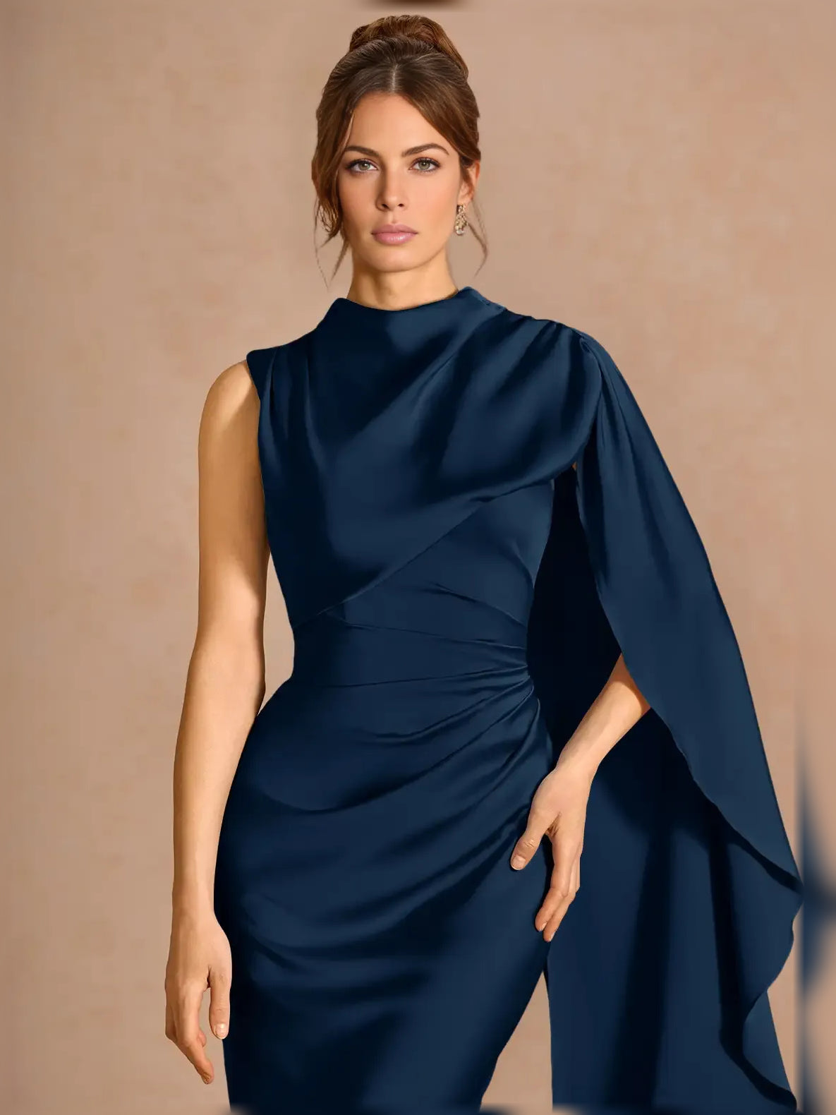 Navy one-shoulder formal dress with draped neckline and ruched waist
