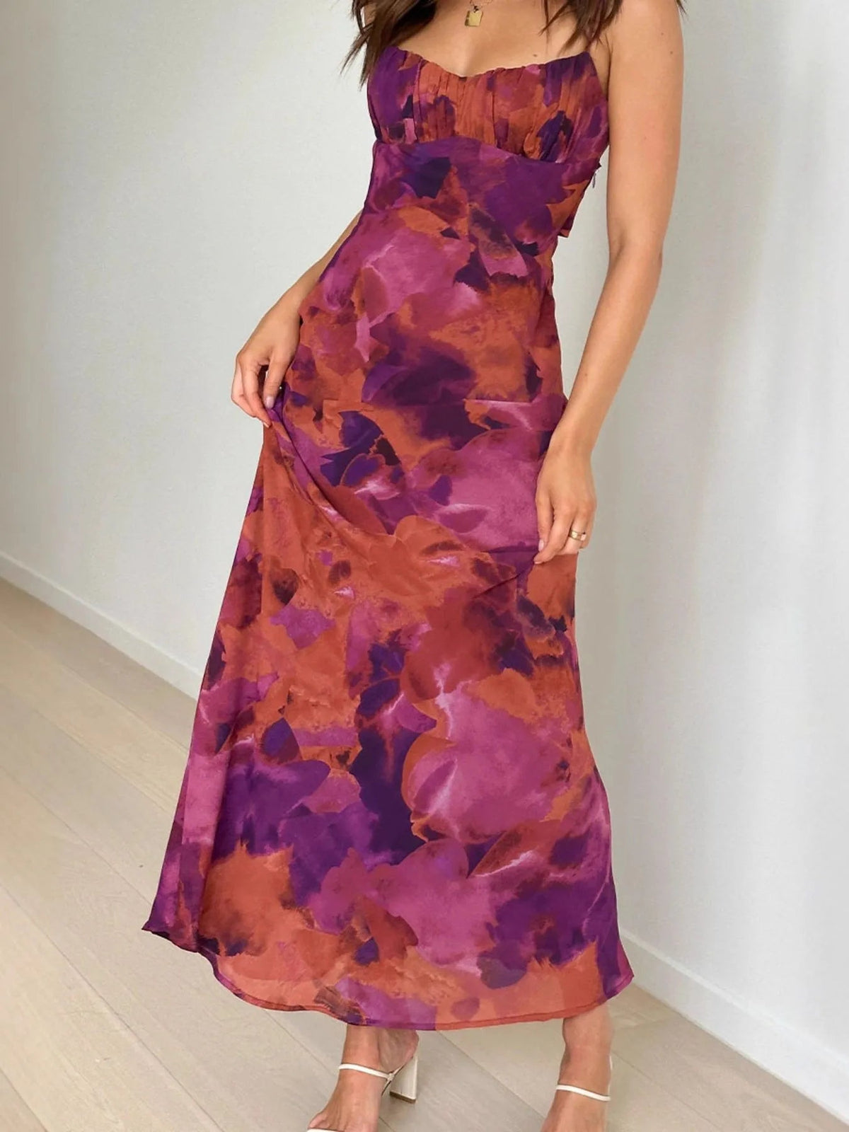 Orange Purple Floral Print sheath maxi formal dress with cutout detail, alternate full-length view