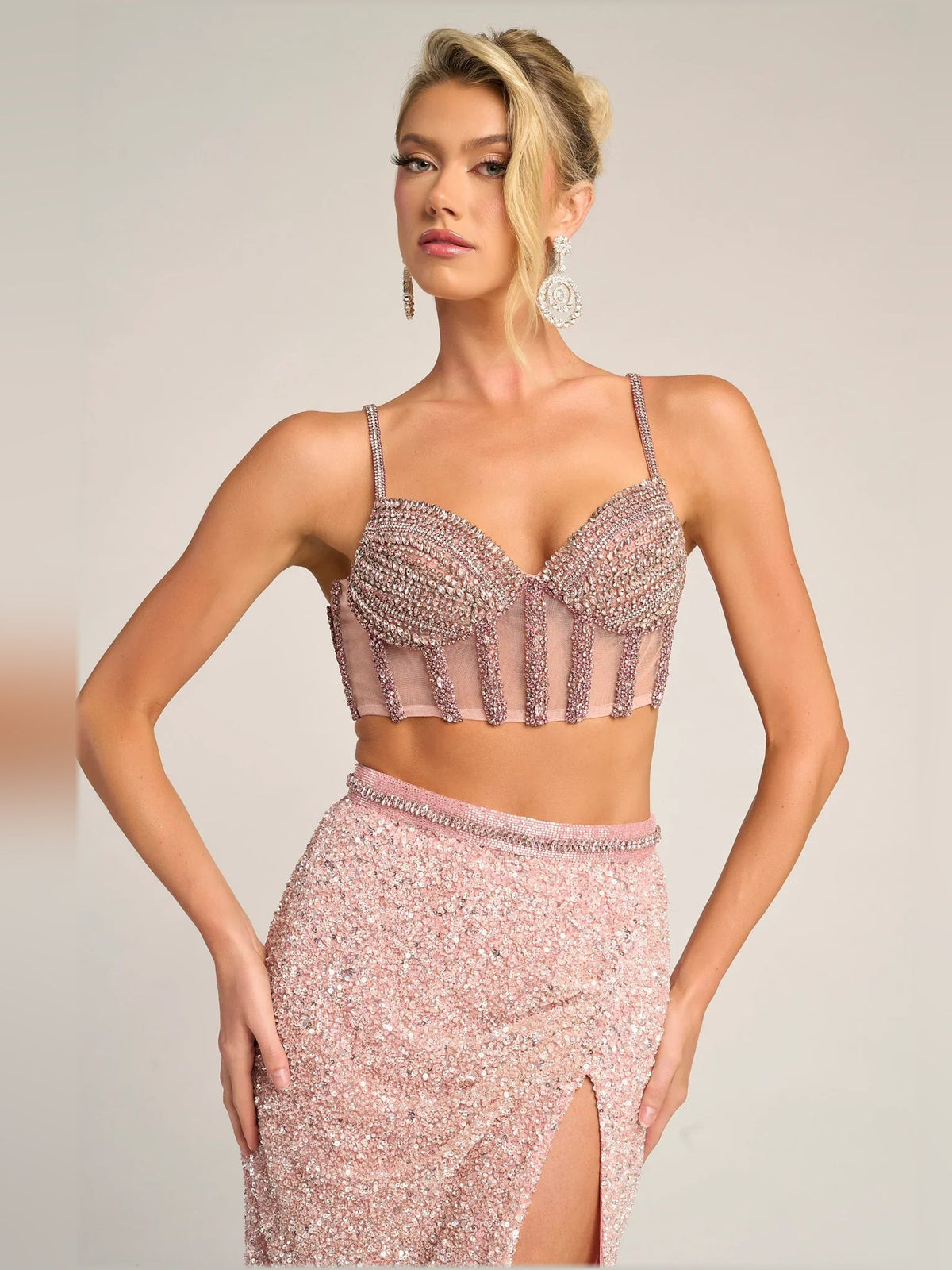 Coral pink beaded spaghetti-strap crop top with matching sequin slit maxi skirt
