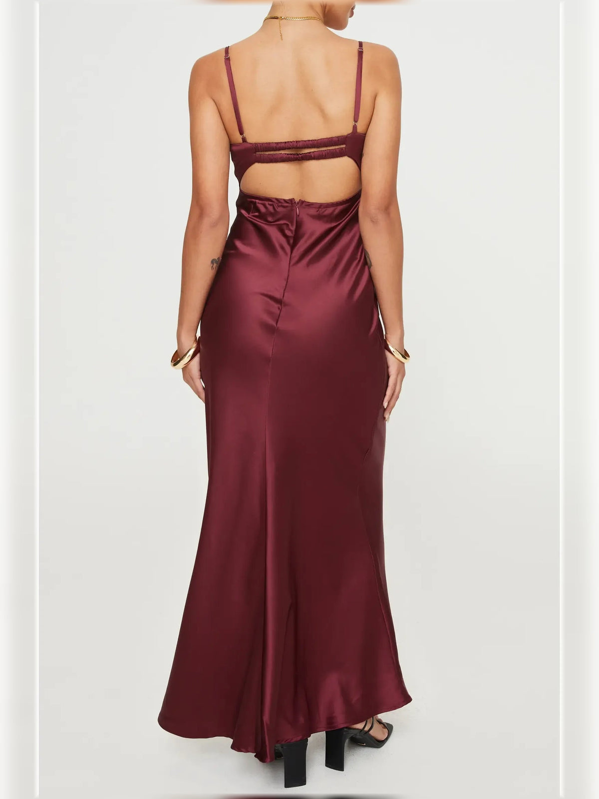 Backless dark red satin formal dress with lace trim at open back and spaghetti straps