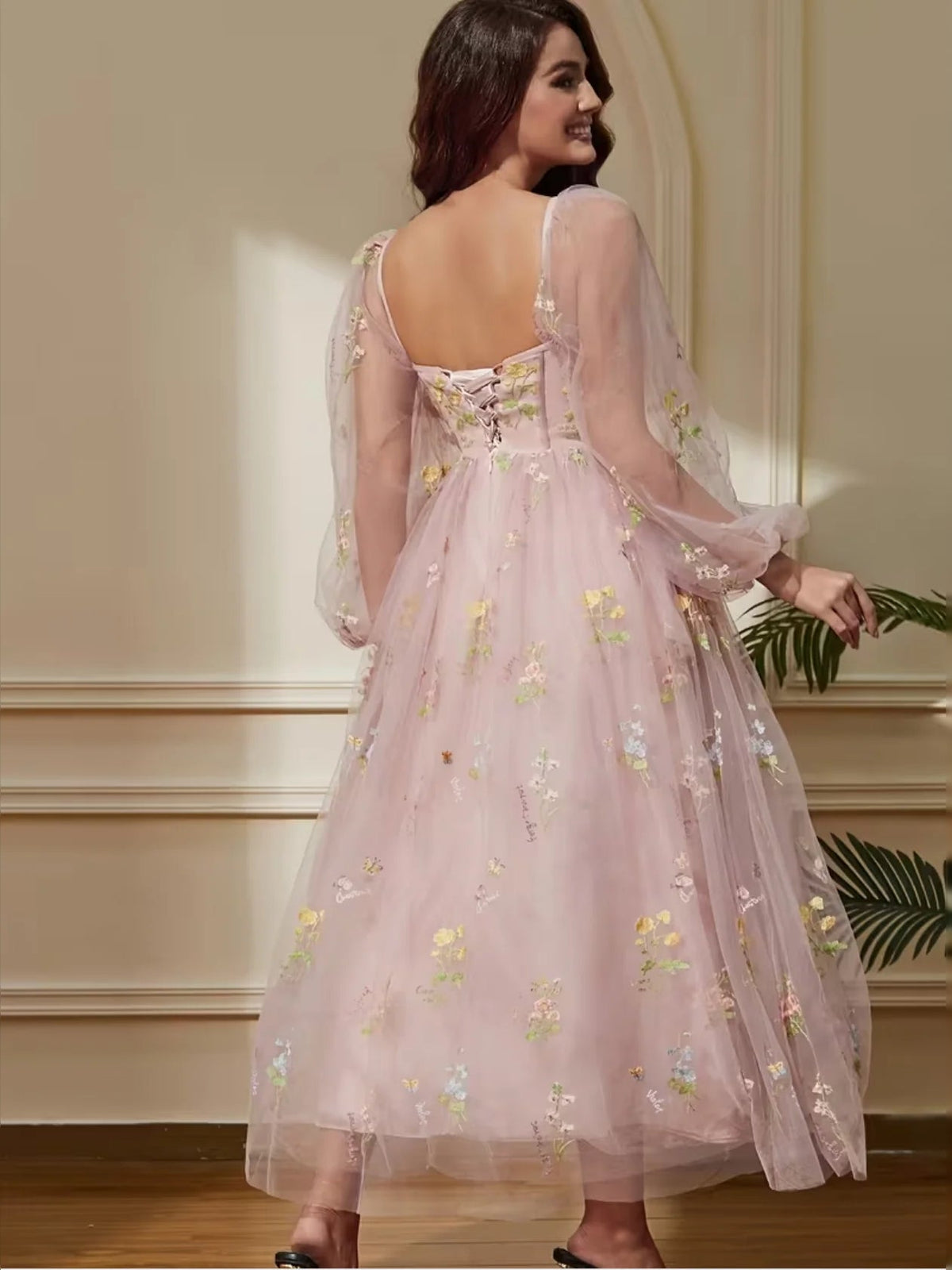 Sweetheart A-line midi prom dress in light pink with open back and floral embroidery