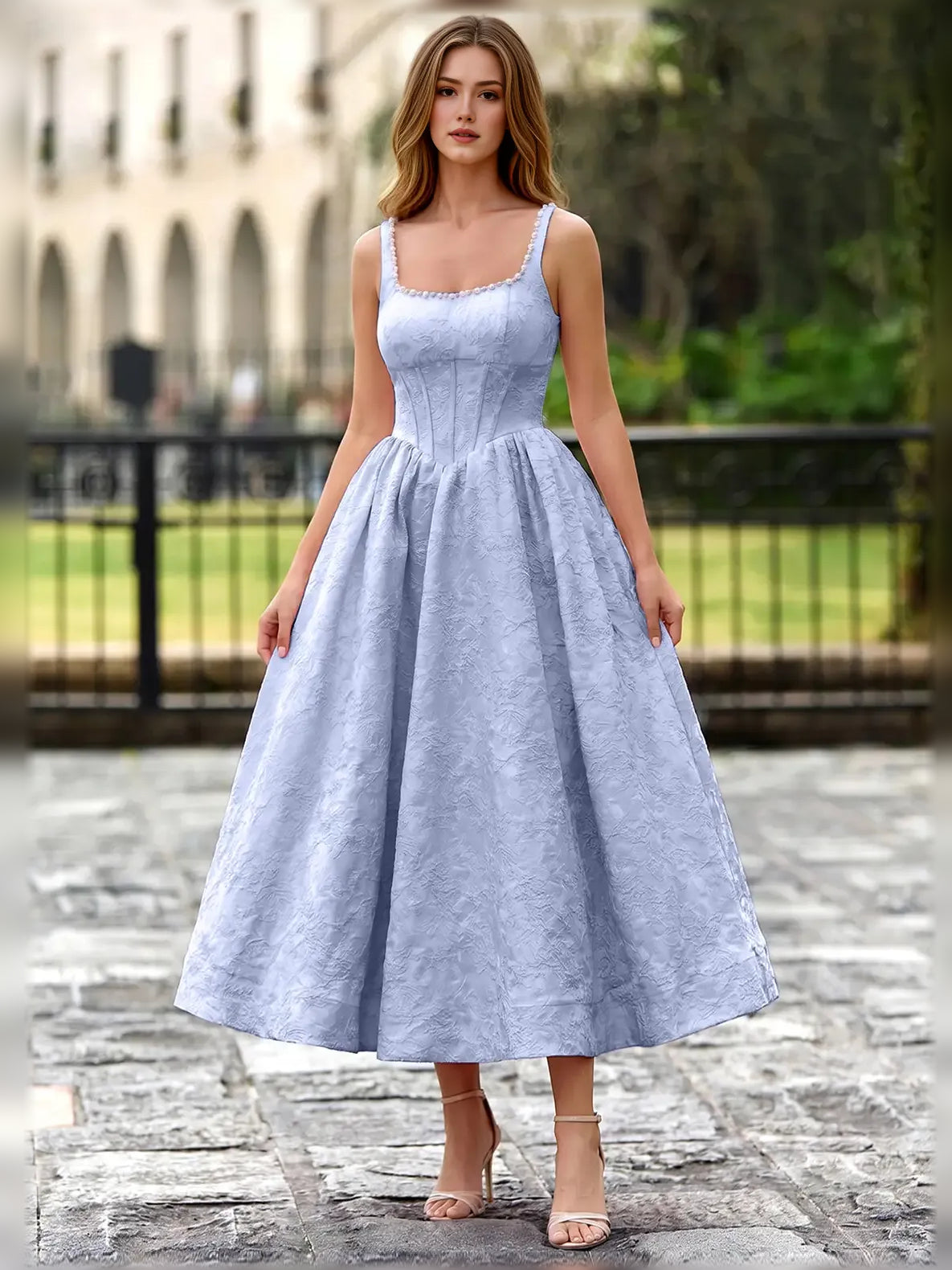 Light blue square-neck corset dress, sleeveless with beaded trim and flared skirt
