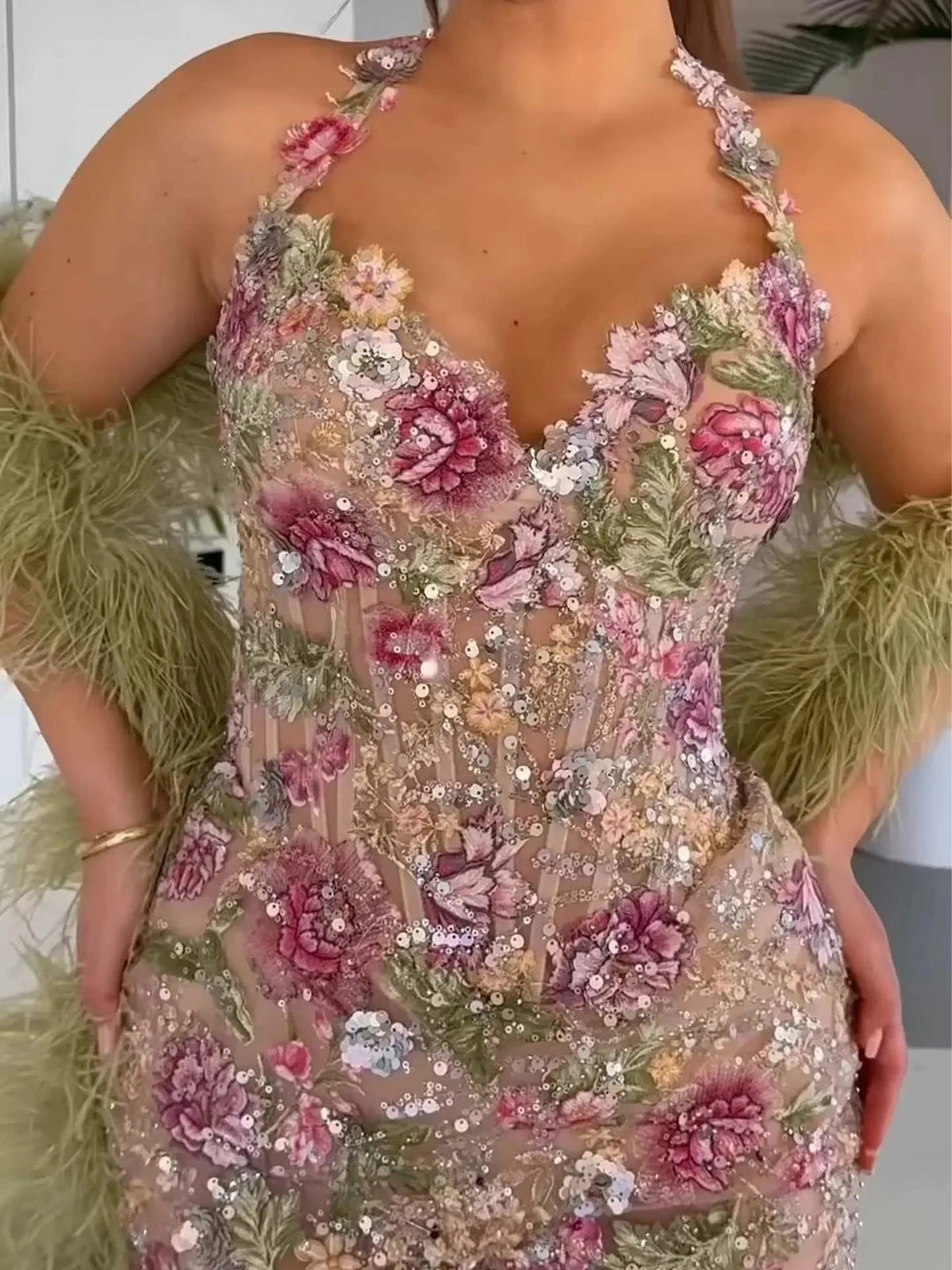Sleeveless floral corset mini dress with V-neck and 3D flower applique