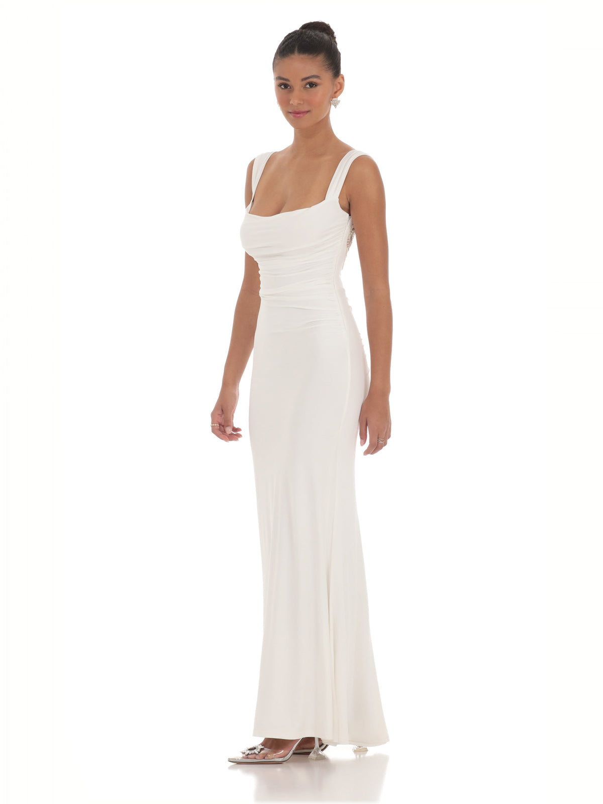 White bridesmaid dress with mesh construction and maxi hem