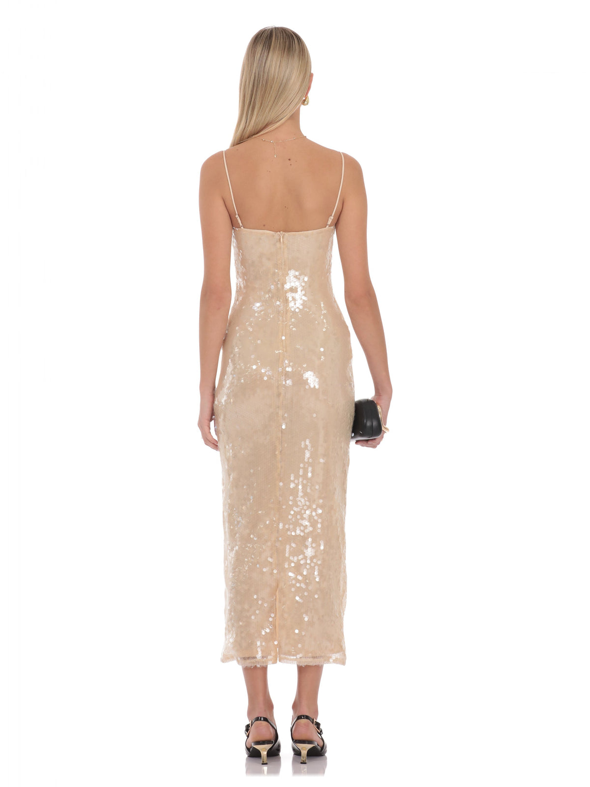 Champagne bridesmaid dress with mesh construction and midi hem