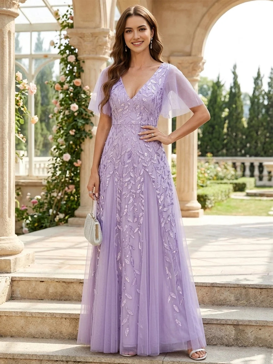Light purple embroidered V-neck A-line floor-length tulle dress with short sheer sleeves