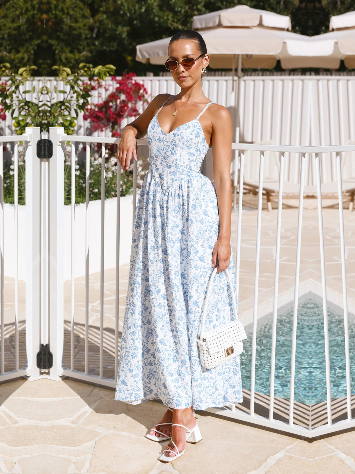 Blue Floral a-line maxi formal dress with floral print, alternate view