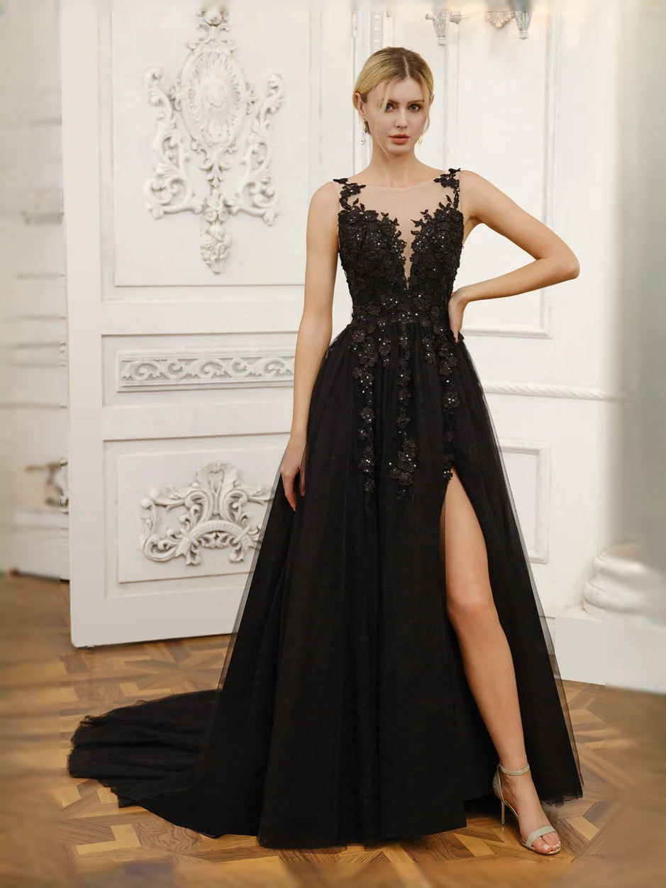 Black corset floral lace wedding dress with V-neck illusion and front slit tulle skirt
