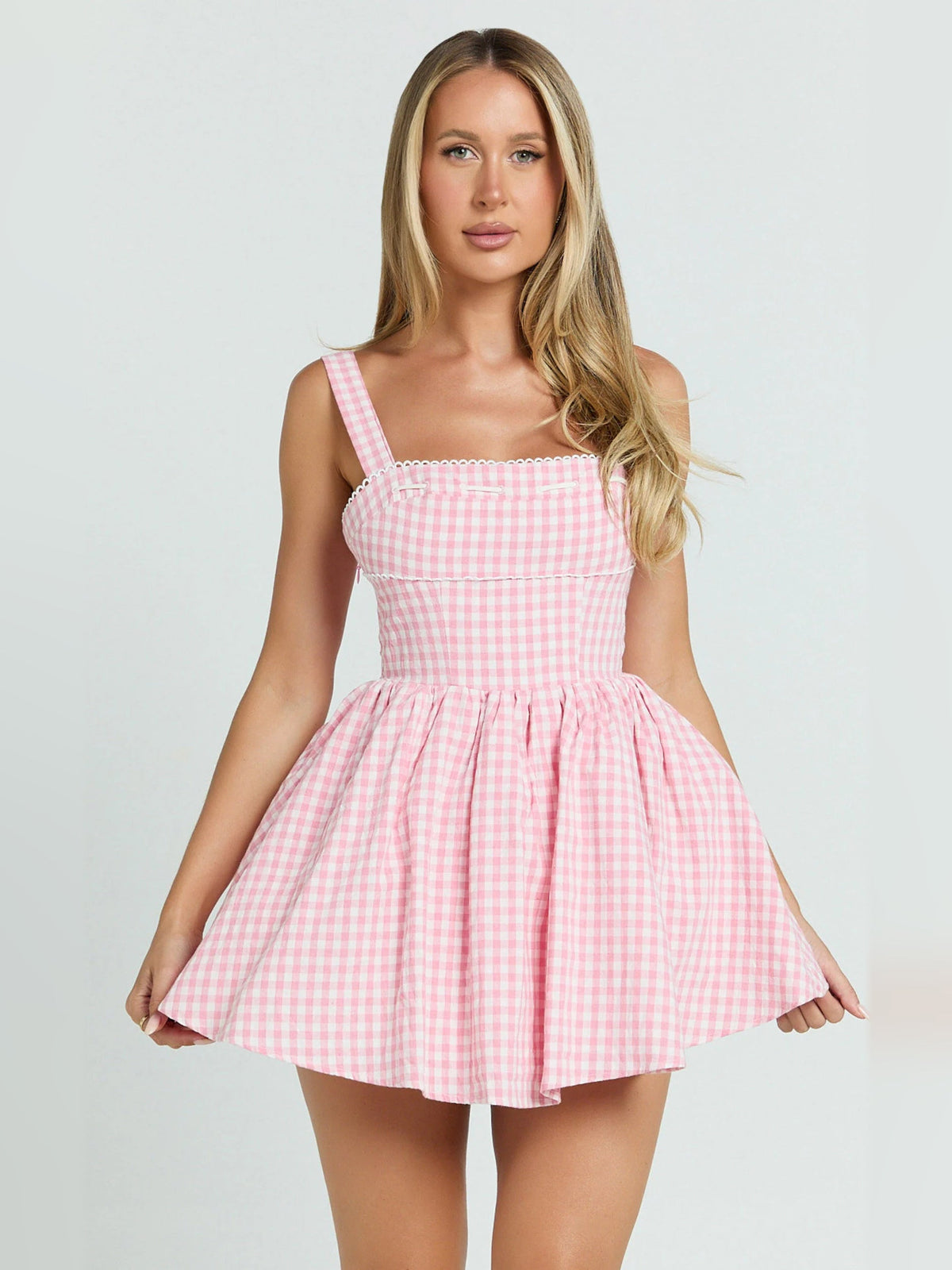 Pink gingham mini homecoming dress, square neckline, sleeveless pleated skirt