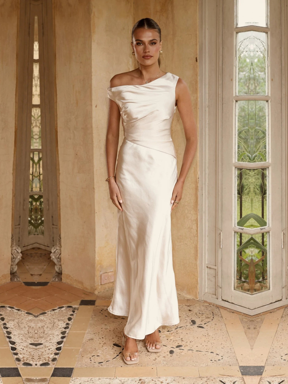 Champagne sheath maxi formal dress with ruching, alternate view showing the bodice