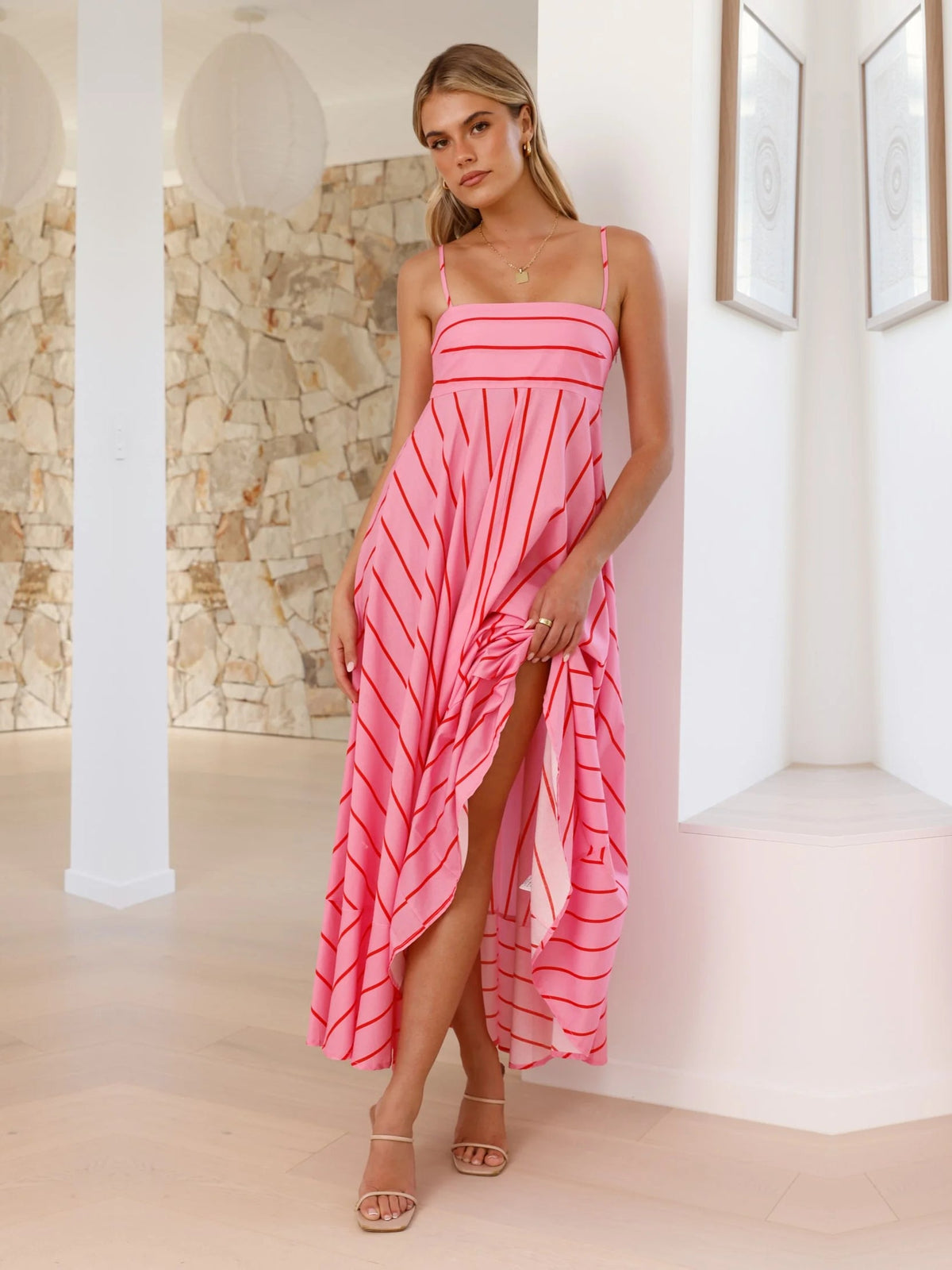 Pink a-line maxi formal dress with printed pattern, alternate view showing the bodice