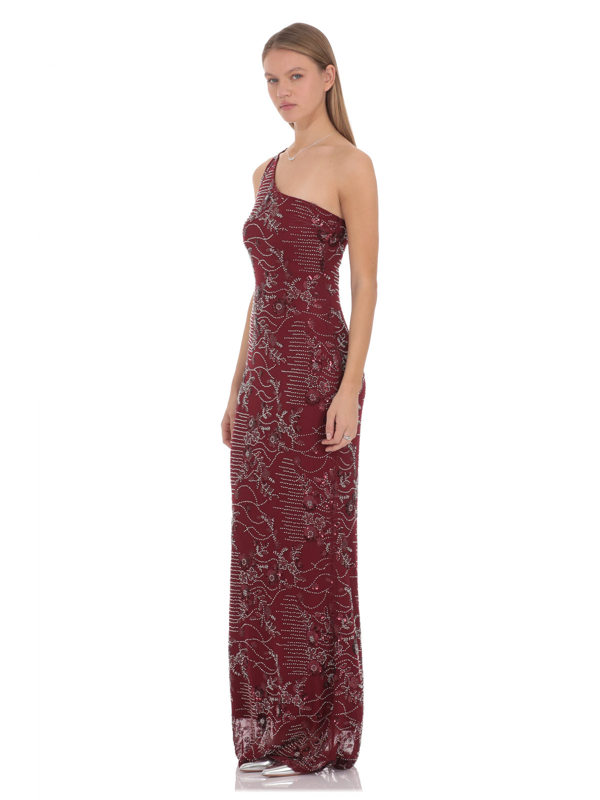 Burgundy bridesmaid dress with structured woven fabric construction and maxi hem